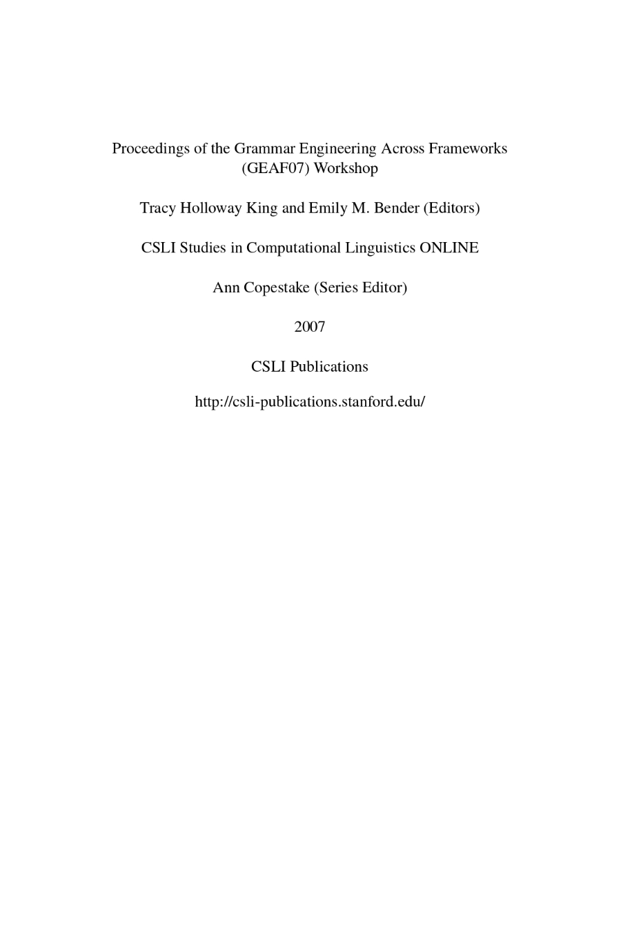 Proceedings of the Grammar Engineering Across Frameworks